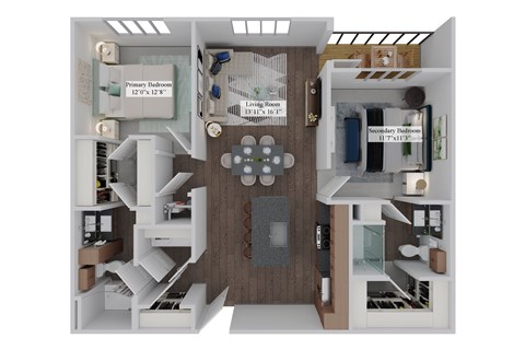 Floor plan for 2 beds, 2 baths, 1128 sqft